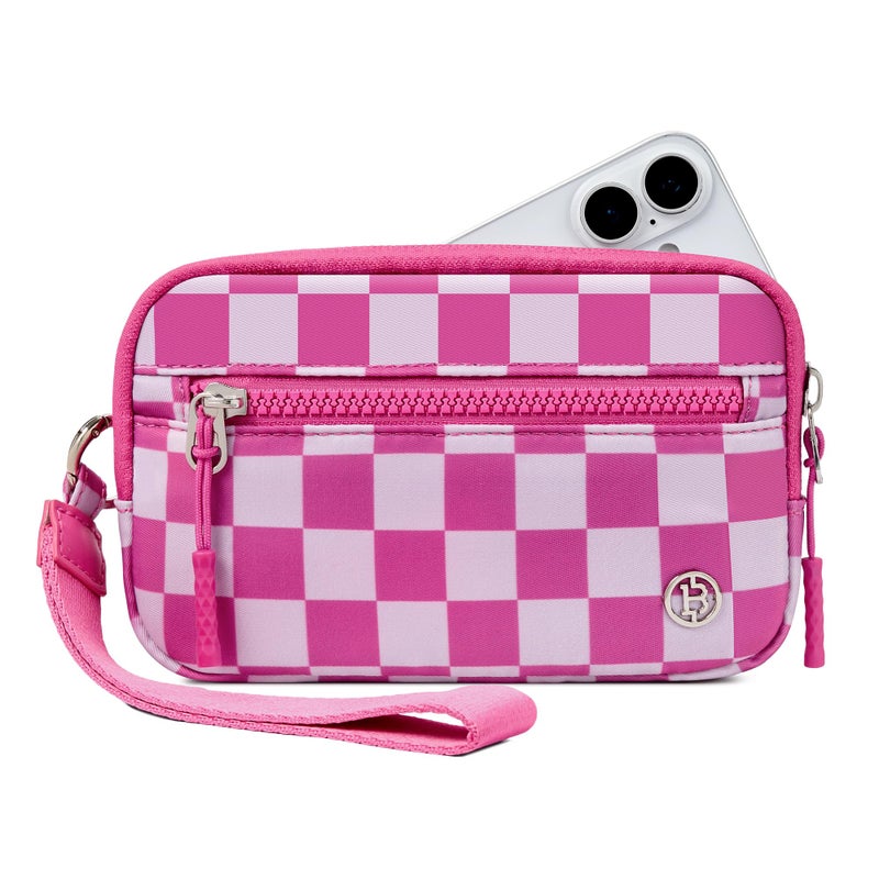 BOSTANTEN Wristlet Wallets for Women RFID Checkered Wallet with ID Window Nylon Wristlet Purse with 3 Zippers Rose Red - Image 1