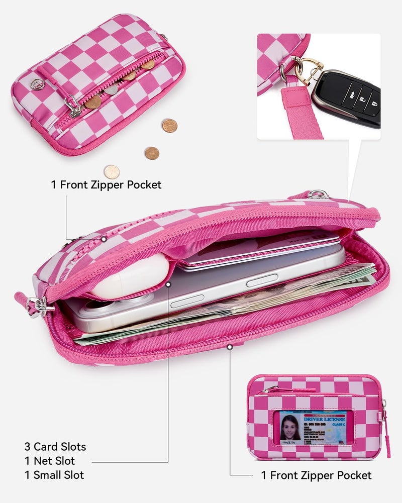 BOSTANTEN Wristlet Wallets for Women RFID Checkered Wallet with ID Window Nylon Wristlet Purse with 3 Zippers Rose Red - Image 3