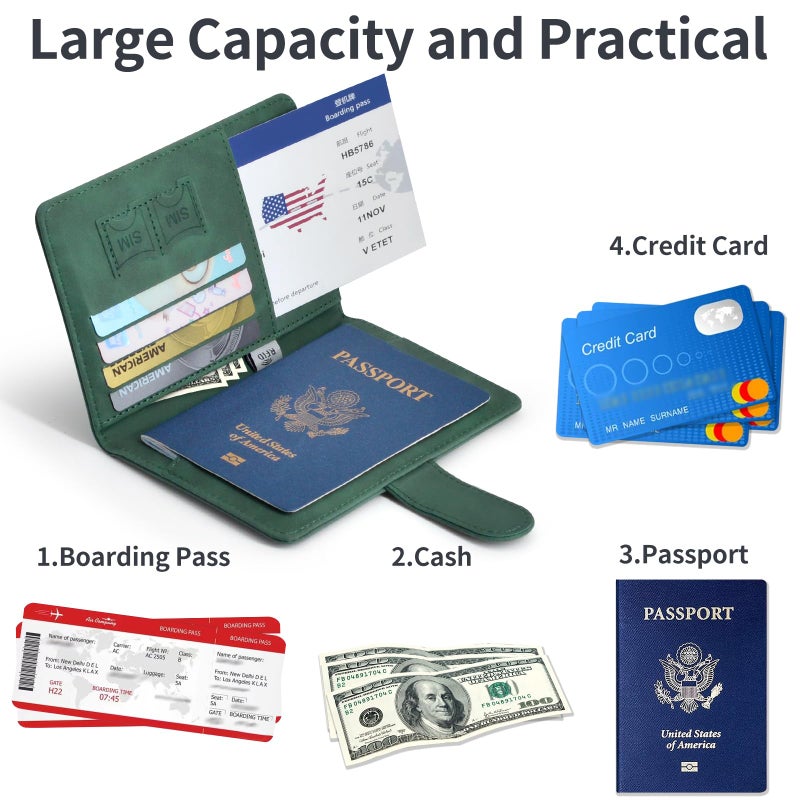 KAOBAN Passport Holder, Passport Cover with Credit Card Slot and Boarding Pass Slot Combo, Passport Wallet Case Book Travel Must Have, RFID Blocking Leather Travel Accessories, Green - Image 4