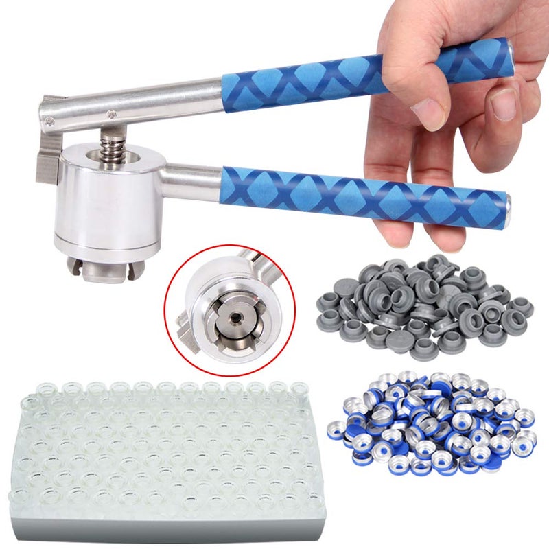 Chudeng 20mm Flip Vial Crimper + 100 Glass Vials (10 ml) + 100 Rubber Stoppers + 100 Plastic-aluminum Flip Caps  - Image 1