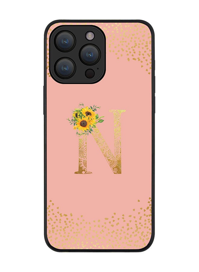 Stylizedd غطاء لجهاز آيفون 15 برو ماكس - أسود متين نحيف واقي مخصص بحرف أولي نمط زهري ماندالا - ن (وردي فاتح) - Image 1