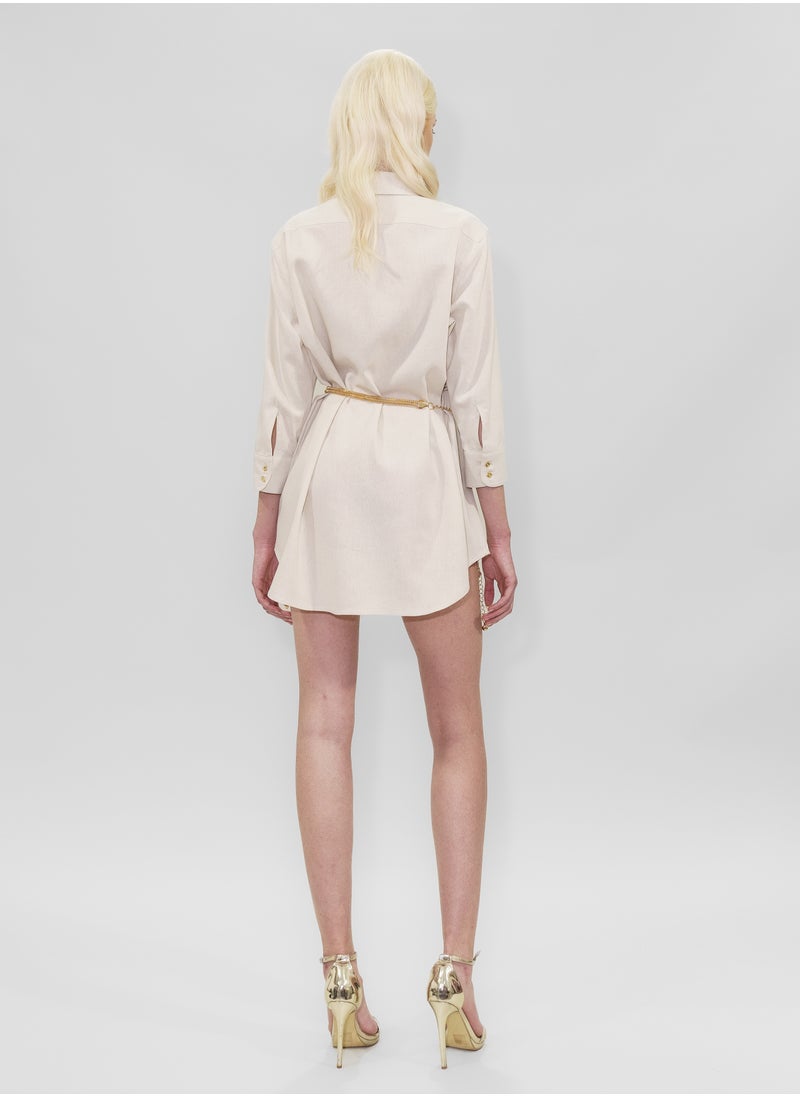 BITOLIA GALLERY Beige Linen Shirt with 3/4 sleeves and adjustable gold metal belt  - Image 2