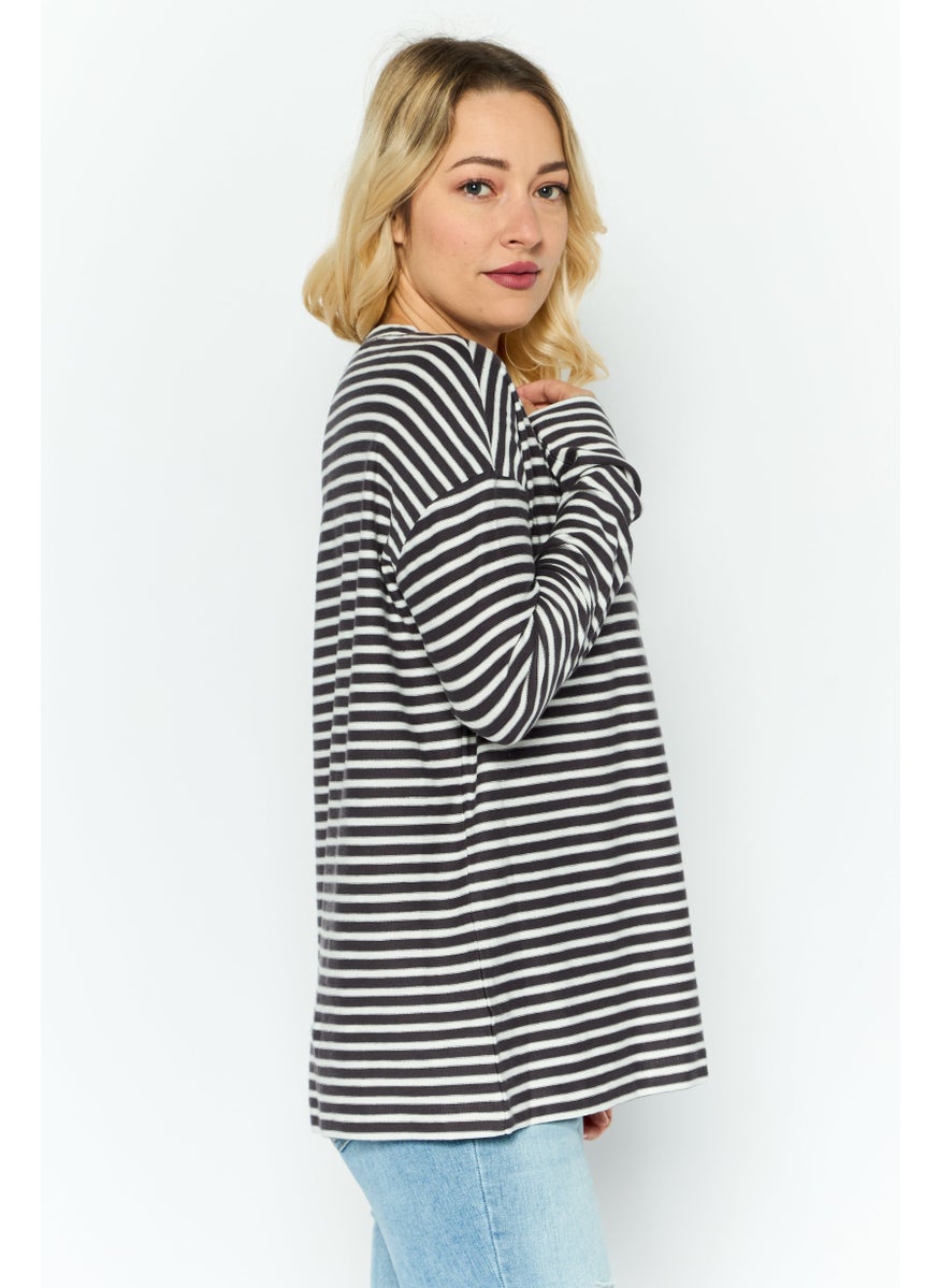 ESPRIT Women Round Neck Long Sleeves Stripe Print Top, White  - Image 3