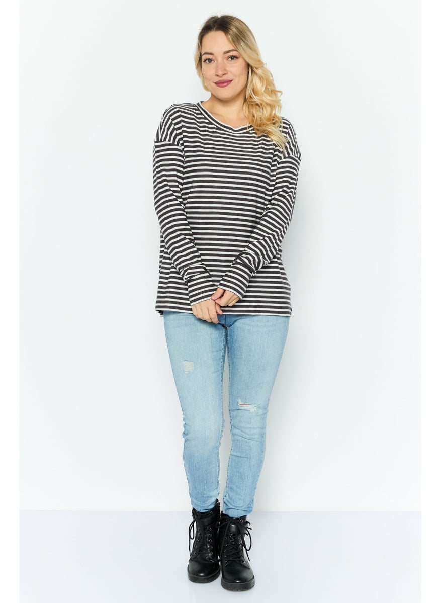 ESPRIT Women Round Neck Long Sleeves Stripe Print Top, White  - Image 2