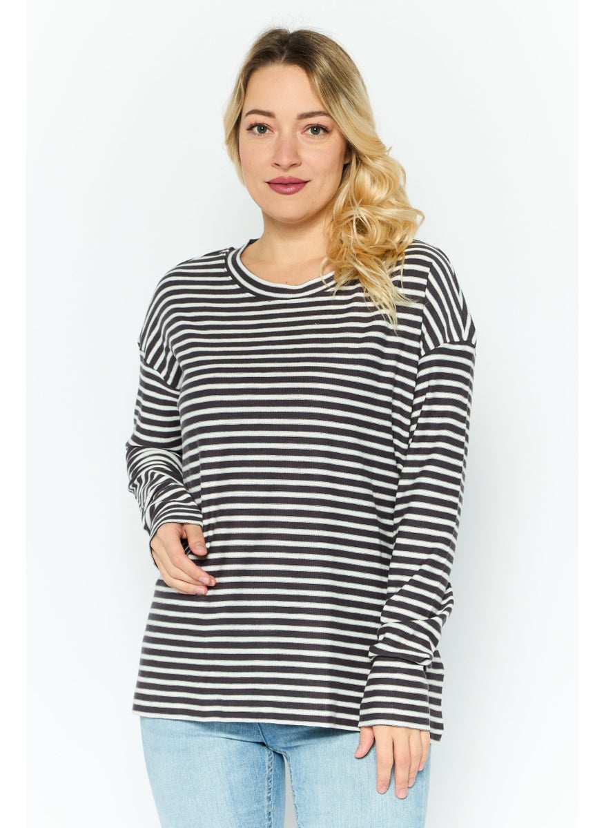 ESPRIT Women Round Neck Long Sleeves Stripe Print Top, White  - Image 1