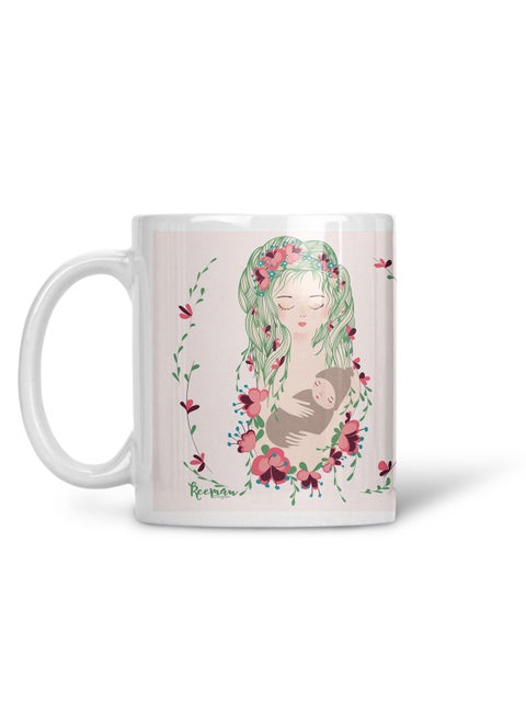 A white mug printed with a Heavenly Mother design