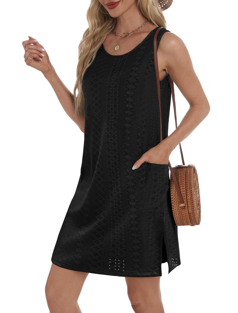 BKRIVE Black Dresses for Women 2026 Trendy Sleeveless T Shirt Dress Fashion Spring Summer Birthday Party Club Elegant Dress with Pockets Black L - Image 3