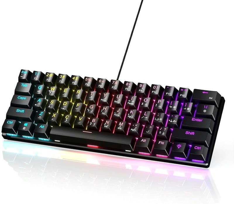 61-Key Mechanical Keyboard, with English and Arabic bilingual input keycap, Red Axis Hybrid Light, Compact Mini Wired Keyboard, for PC, Mac E-sports Portable - Black - Image 1