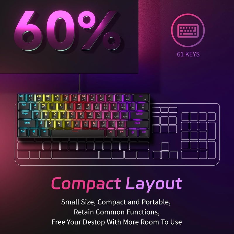 61-Key Mechanical Keyboard, with English and Arabic bilingual input keycap, Red Axis Hybrid Light, Compact Mini Wired Keyboard, for PC, Mac E-sports Portable - Black - Image 2