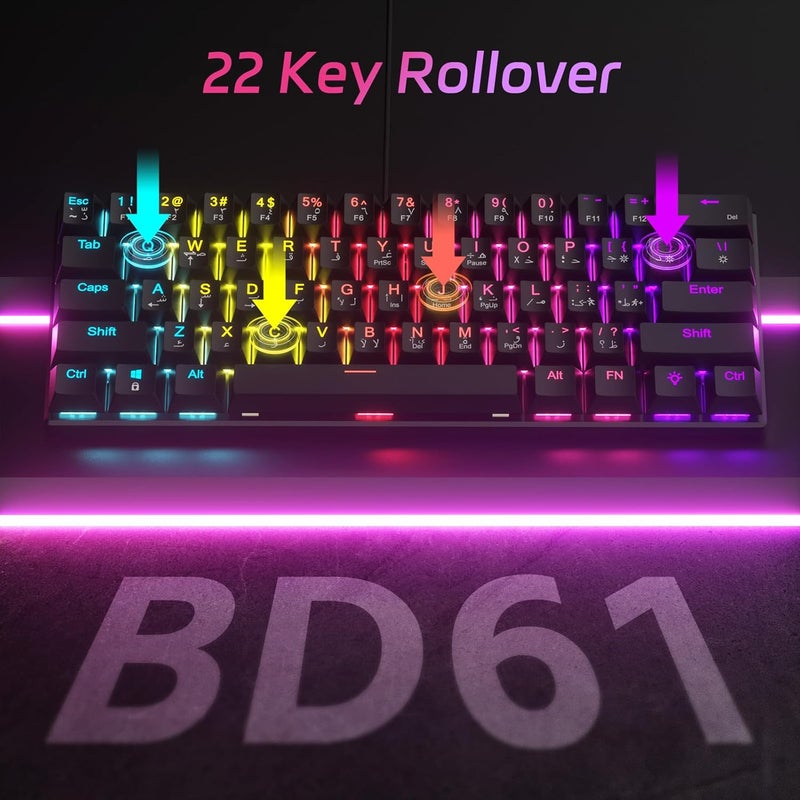 61-Key Mechanical Keyboard, with English and Arabic bilingual input keycap, Red Axis Hybrid Light, Compact Mini Wired Keyboard, for PC, Mac E-sports Portable - Black - Image 3