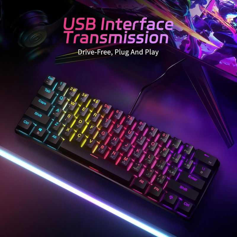 61-Key Mechanical Keyboard, with English and Arabic bilingual input keycap, Red Axis Hybrid Light, Compact Mini Wired Keyboard, for PC, Mac E-sports Portable - Black - Image 5