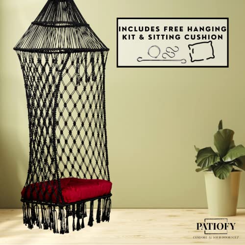 Patiofy Polyester Comfort King Hanging Swing Chair/Jhula For Adults/Swing For Balcony/Swing For Home/Zula For Home Adults Balcony|200Kg Weight Holding Capacity/Free Hanging Kit&Cushion Included-Black - Image 5