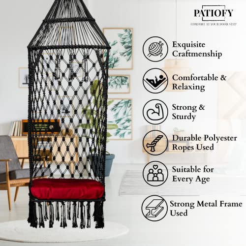 Patiofy Polyester Comfort King Hanging Swing Chair/Jhula For Adults/Swing For Balcony/Swing For Home/Zula For Home Adults Balcony|200Kg Weight Holding Capacity/Free Hanging Kit&Cushion Included-Black - Image 4