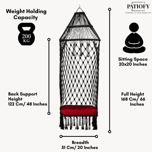 Patiofy Polyester Comfort King Hanging Swing Chair/Jhula For Adults/Swing For Balcony/Swing For Home/Zula For Home Adults Balcony|200Kg Weight Holding Capacity/Free Hanging Kit&Cushion Included-Black - Image 3