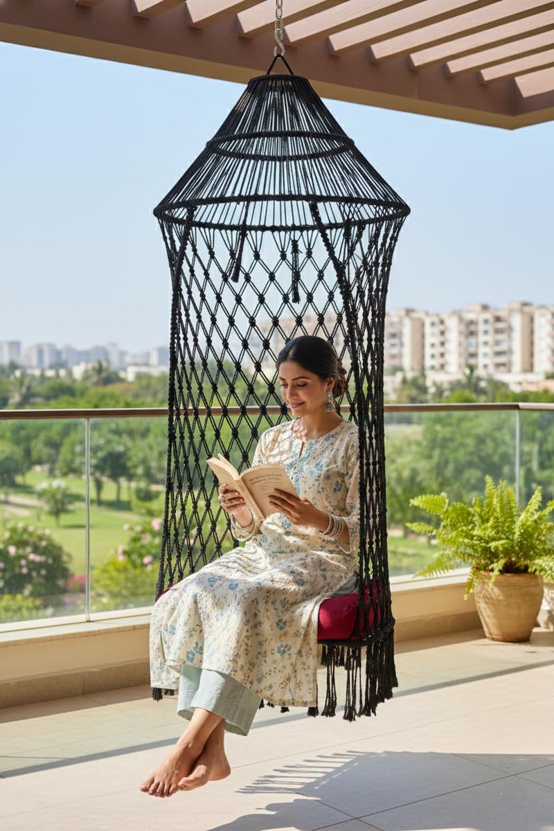 Patiofy Polyester Comfort King Hanging Swing Chair/Jhula For Adults/Swing For Balcony/Swing For Home/Zula For Home Adults Balcony|200Kg Weight Holding Capacity/Free Hanging Kit&Cushion Included-Black - Image 1
