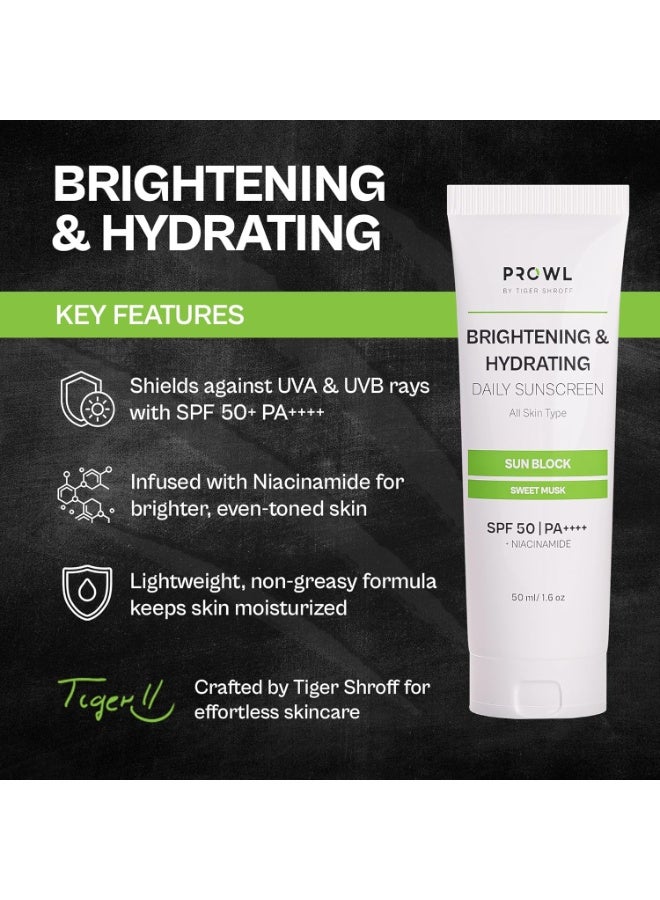 PROWL by Tiger Shroff Brightening and Hydrating Sunscreen SPF 50+ PA++++ with Niacinamide for Men Protection | No White Cast Sun Screen | Lightweight Non-Greasy Texture Gel | Sweet Musk | 50ml - Image 2