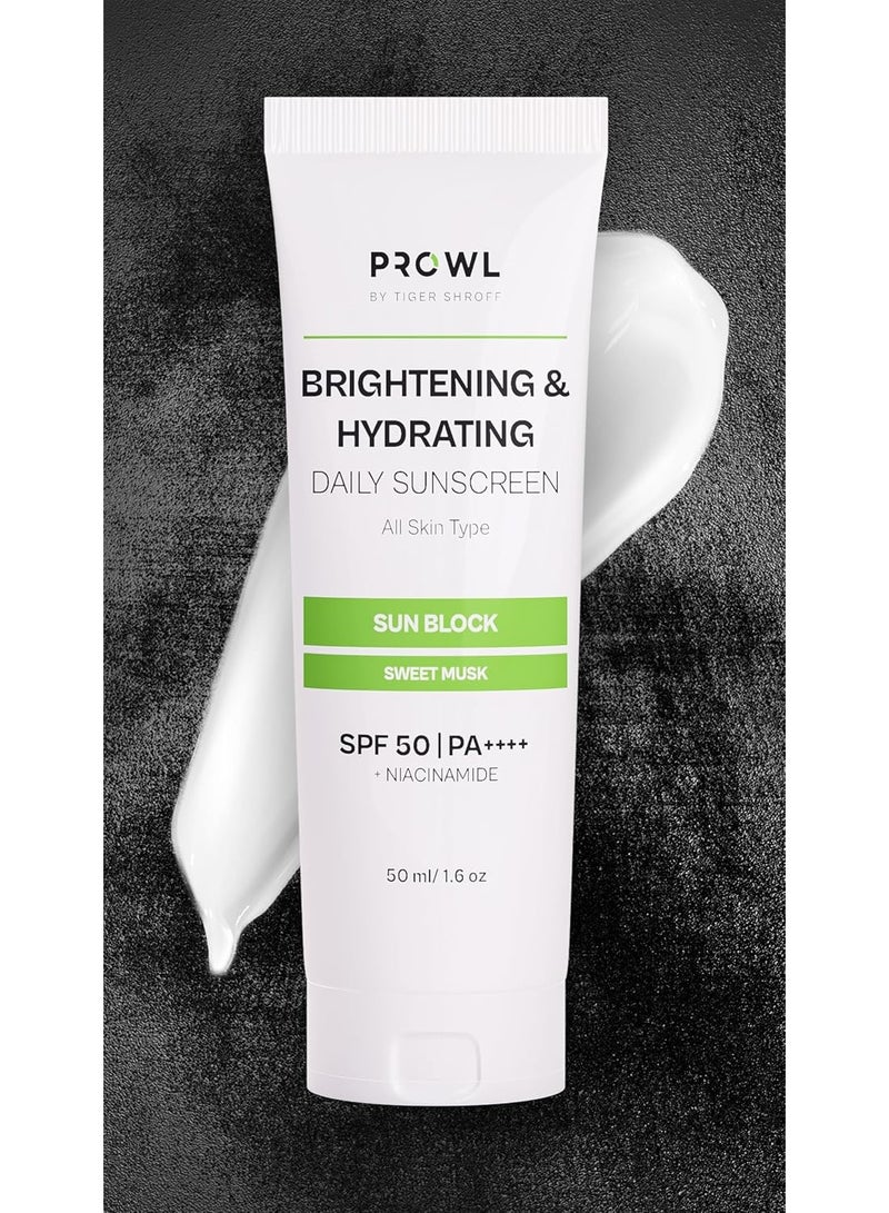 PROWL by Tiger Shroff Brightening and Hydrating Sunscreen SPF 50+ PA++++ with Niacinamide for Men Protection | No White Cast Sun Screen | Lightweight Non-Greasy Texture Gel | Sweet Musk | 50ml - Image 1