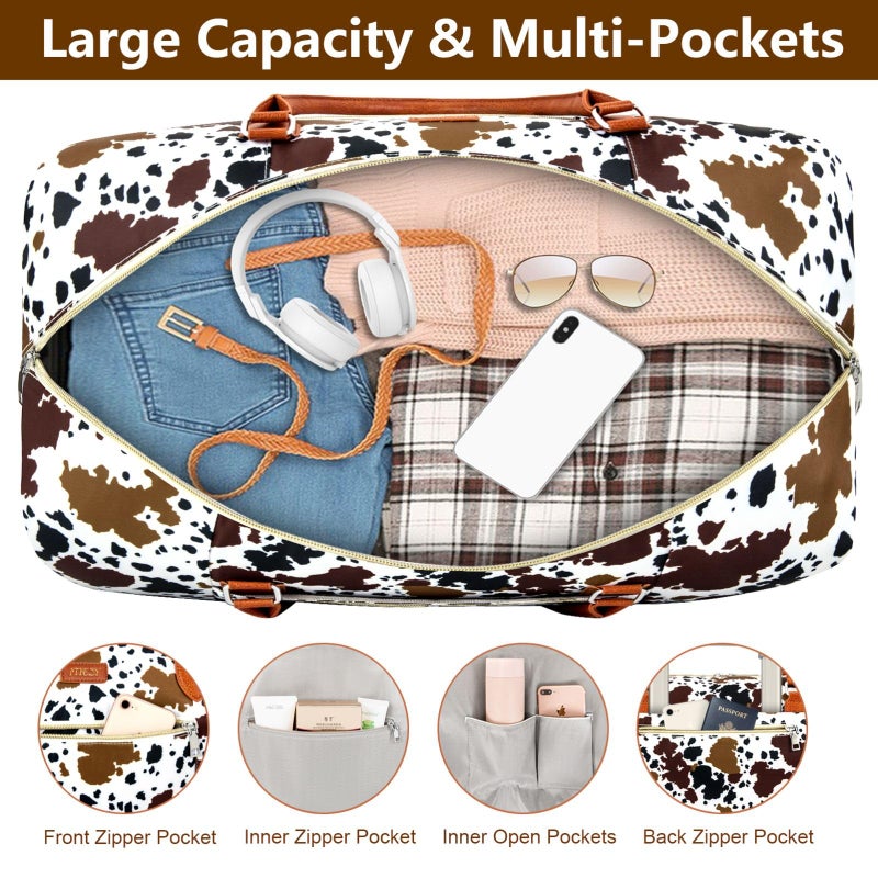 ITIEZY Weekender Bag for Women, Travel Duffel Bag Carry On Overnight Bag with Shoe Compartment Large Nylon Travel Weekend Tote Bag, 5-Brown Cow - Image 3