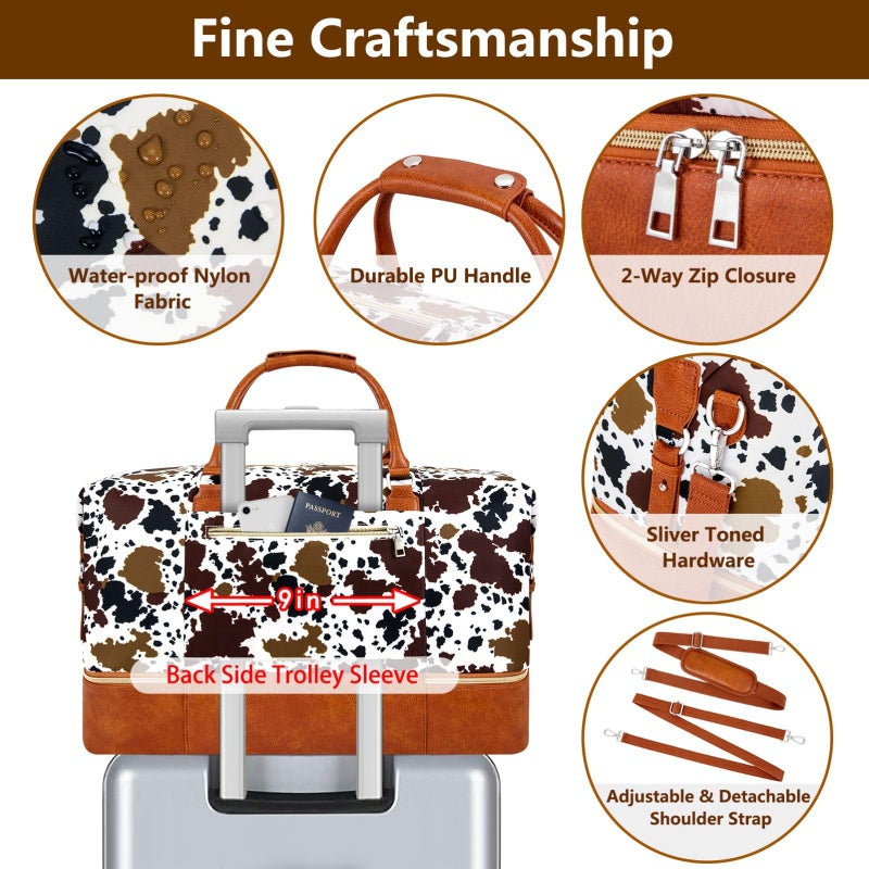 ITIEZY Weekender Bag for Women, Travel Duffel Bag Carry On Overnight Bag with Shoe Compartment Large Nylon Travel Weekend Tote Bag, 5-Brown Cow - Image 5