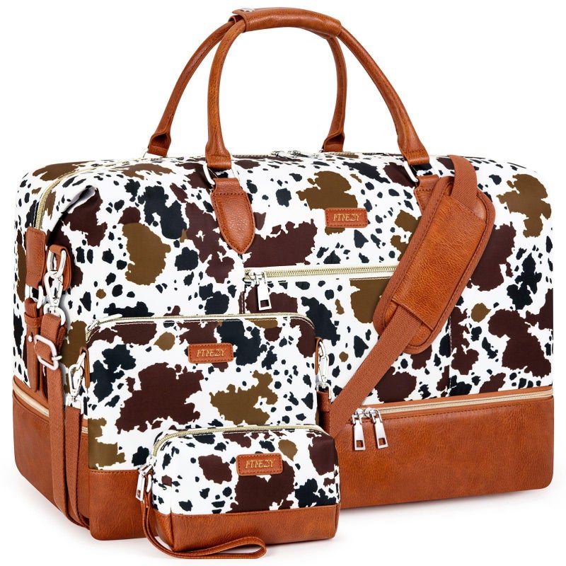 ITIEZY Weekender Bag for Women, Travel Duffel Bag Carry On Overnight Bag with Shoe Compartment Large Nylon Travel Weekend Tote Bag, 5-Brown Cow - Image 1