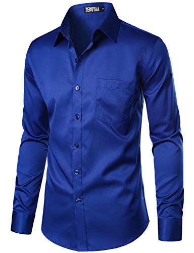 ZEROYAA Men's Urban Stylish Casual Business Slim Fit Long Sleeve Button Up Dress Shirt with Pocket ZLCL29 Royal Medium - Image 2