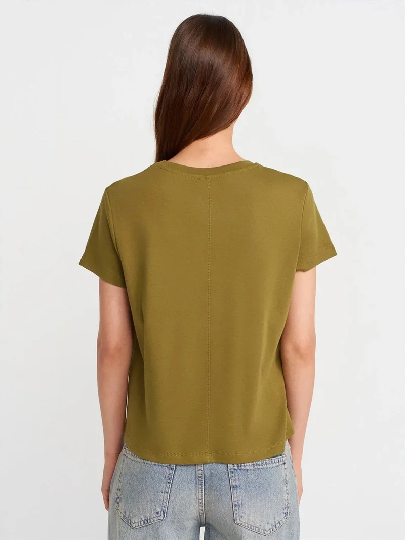 ديلفين DILVIN Women's Cotton Ribbed Crew Neck T-Shirt