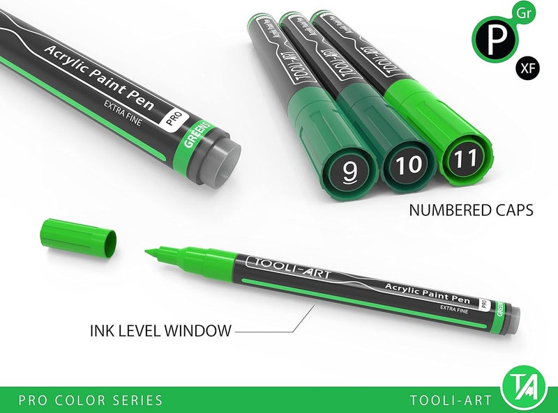 TOOLI-ART Acrylic Paint Pens 22 Green Tones Assorted Pro Color Series Markers Set 0.7mm Extra Fine Tip for Rock Painting, Glass, Mugs, Wood, Metal, Canvas, DIY Projects, Non Toxic, Waterbased, Quick Drying - Image 3