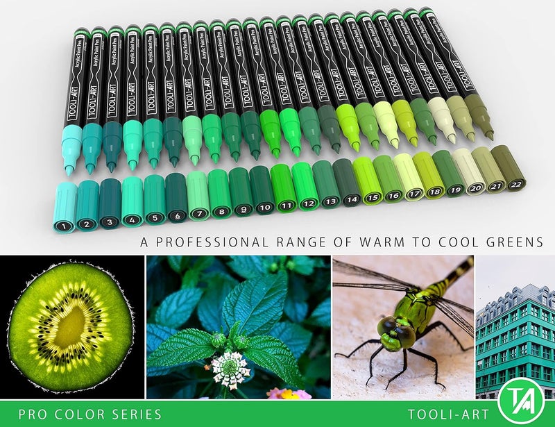 TOOLI-ART Acrylic Paint Pens 22 Green Tones Assorted Pro Color Series Markers Set 0.7mm Extra Fine Tip for Rock Painting, Glass, Mugs, Wood, Metal, Canvas, DIY Projects, Non Toxic, Waterbased, Quick Drying - Image 2