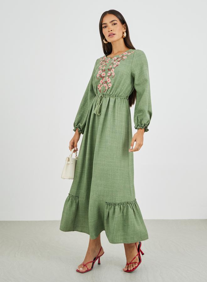 Styli Embroidered Long Sleeves A-Line Maxi Dress - Image 2