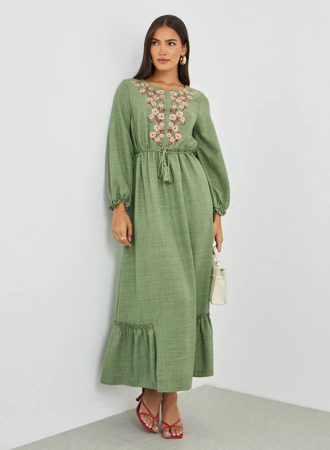 Styli Styli Embroidered Long Sleeves A-Line Maxi Dress