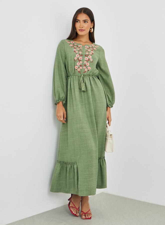 Styli Embroidered Long Sleeves A-Line Maxi Dress - Image 1