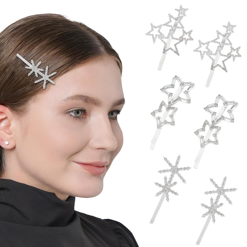 VinBee 6Pcs Star Hair Clips Pins Silver Rhinestone Star Hair Barrettes Crystal Rhinestone Hair Clips for Women Girls Hair Styling Accessories Party Wedding