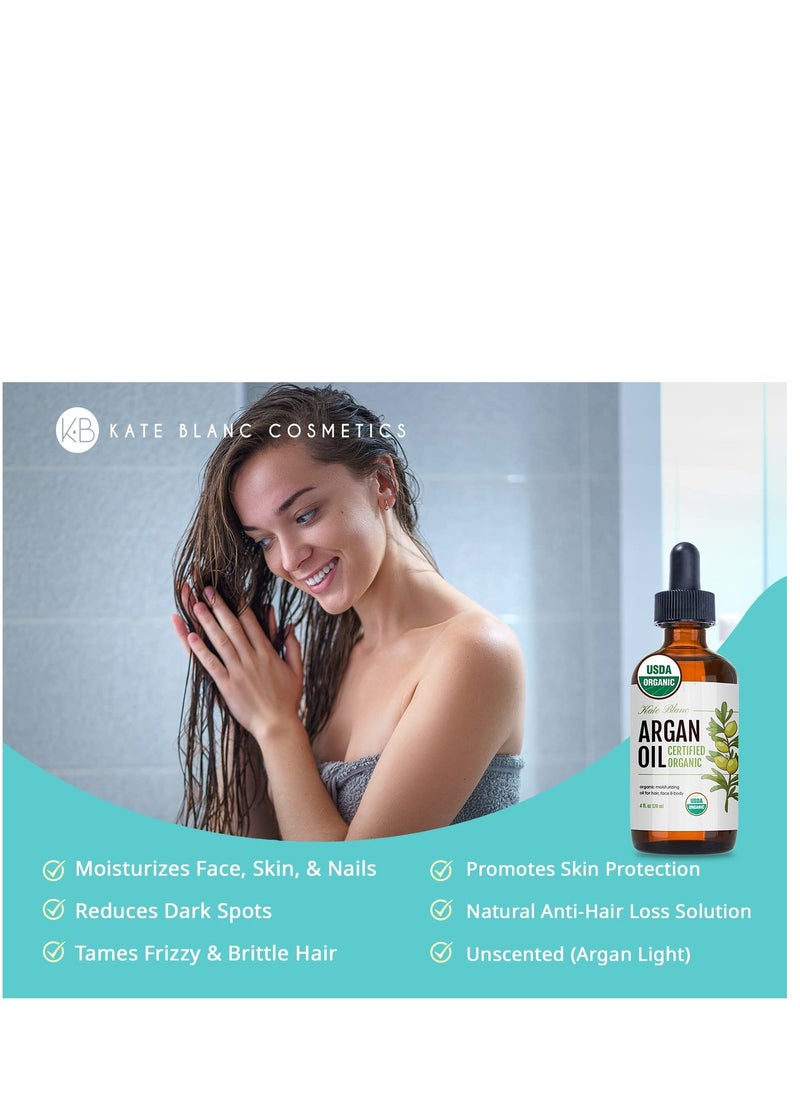 Kate Blanc Cosmetics - Kate Blanc Cosmetics Argan Oil for Hair, Face & Skin from Morocco. Promotes Hair Growth (4oz, USDA Certified Organic, Cold Pressed & 100% Pure, Light) - Image 1