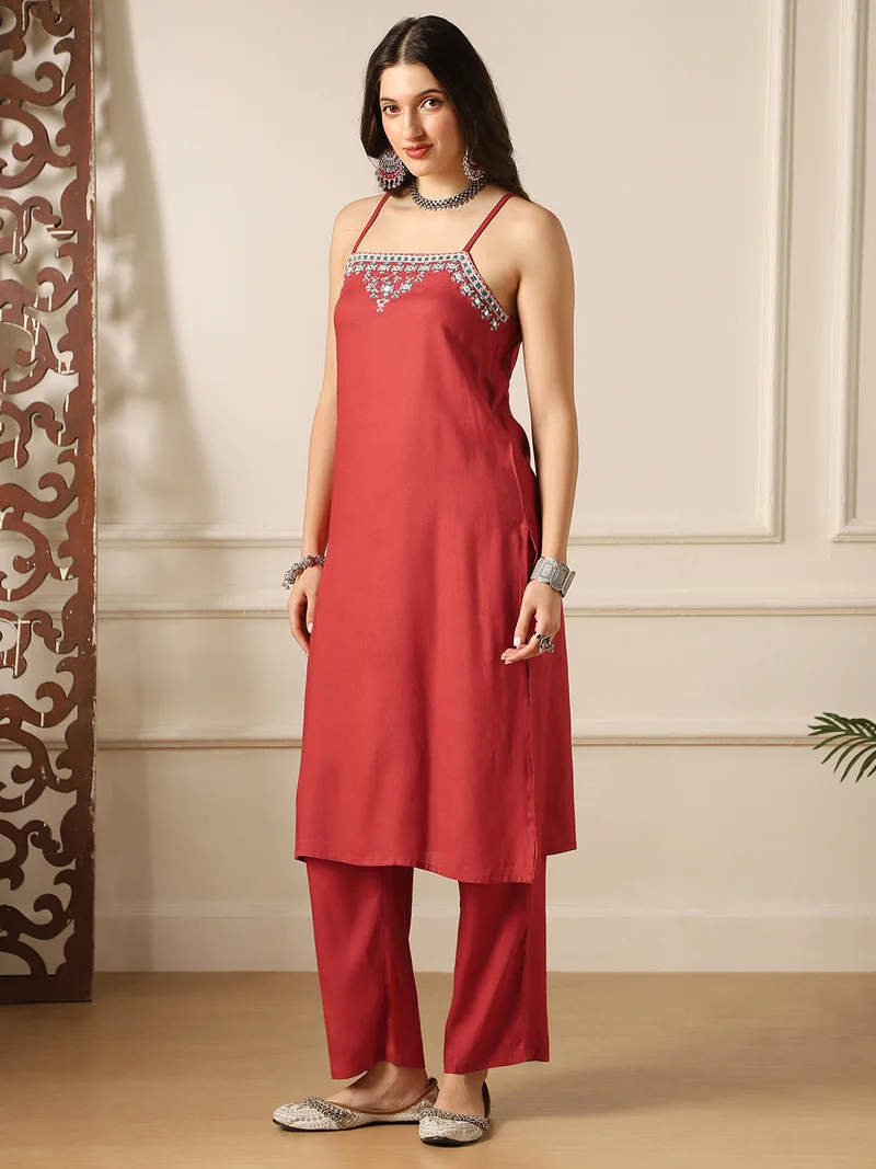 globus  Globus Women Rust Square Neck Embroidered Detail Strappy Sleeves Straight Kurta & Pant Fusion Set for Women | Best Price UAE