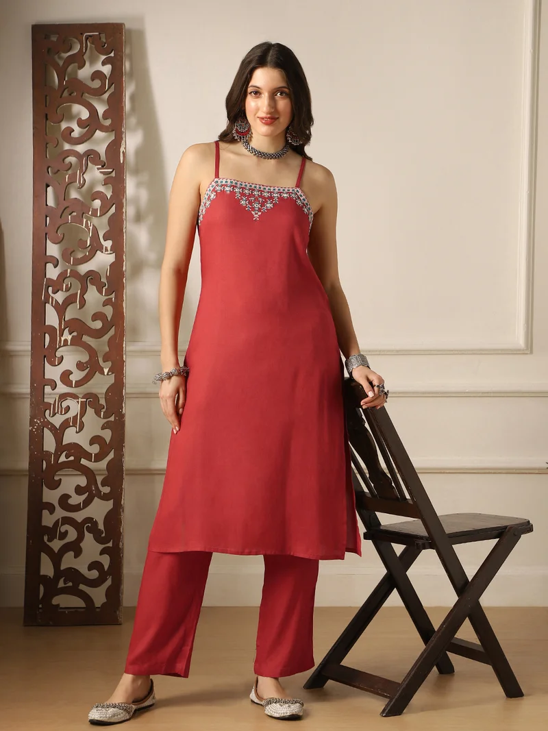 Globus Women Rust Square Neck Embroidered Detail Strappy Sleeves Straight Kurta & Pant Fusion Set