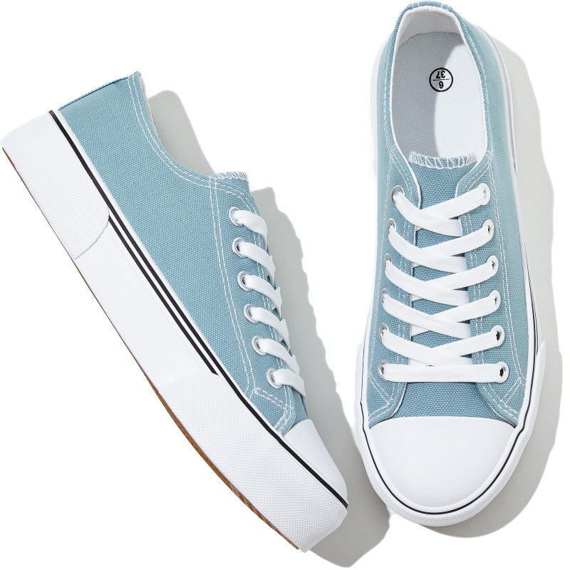 Adokoo Canvas Tennis Shoes for Women Low Top Casual White Lake Green Sneakers for Women Lace Up Fashion Comfortable Walking Shoes (Lake Green,7) - Image 1
