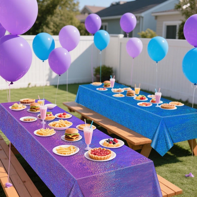 PTECDROTS 2Pcs Blue & 2Pcs Purple Holographic Tablecloths Rectangular Blue and Purple Iridescent Shimmer Metallic Table Covers for Under The Sea Ocean Mermaid Anniversary Party Supplies, 54 x 108inch - Image 4