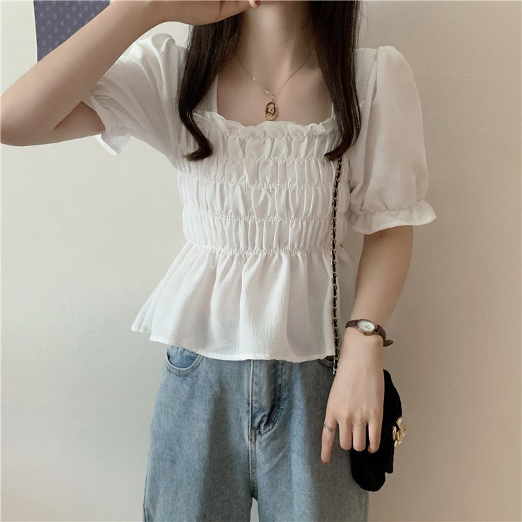 Women's Black Chiffon Puff Sleeve Square Neck Cropped T-Shirt - Image 3