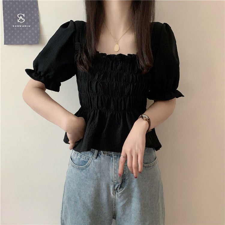 Women's Black Chiffon Puff Sleeve Square Neck Cropped T-Shirt - Image 1