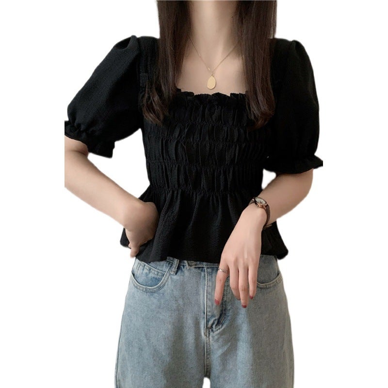 Women's Black Chiffon Puff Sleeve Square Neck Cropped T-Shirt - Image 5
