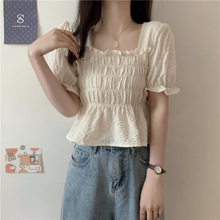 Women's Black Chiffon Puff Sleeve Square Neck Cropped T-Shirt - Image 2