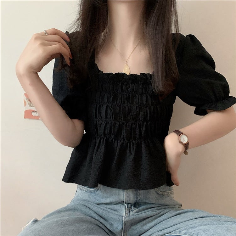 Women's Black Chiffon Puff Sleeve Square Neck Cropped T-Shirt - Image 4