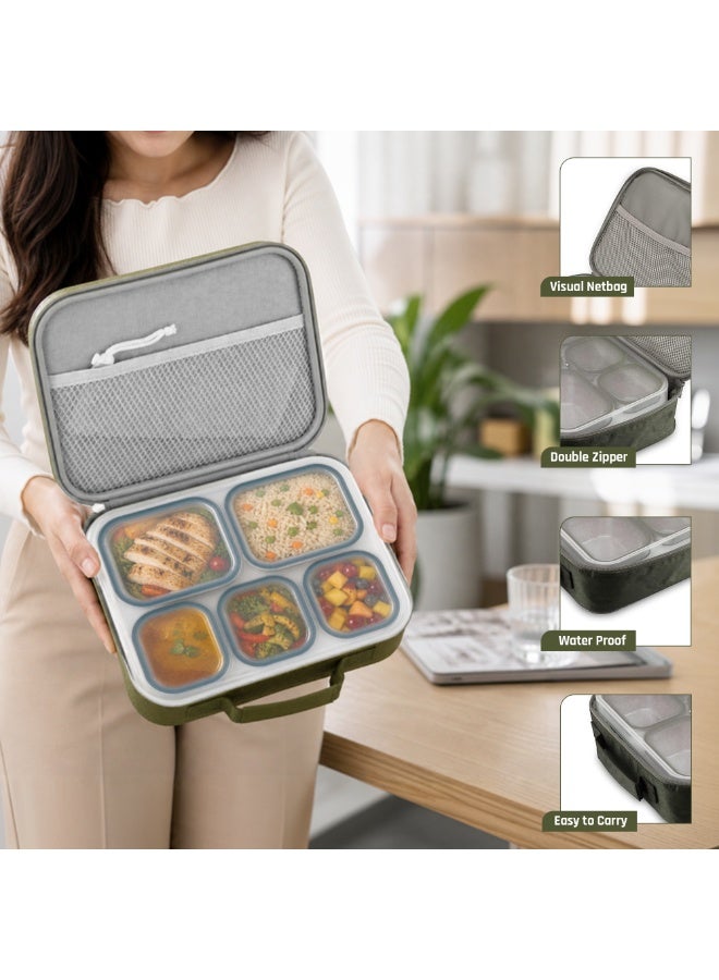Beram Premium Stainless Steel Insulated Bento Lunch Box for Kids & Adults, 1000ml Leakproof 5-Compartment Divided Lunch Container with Lid, Tableware & Carry Bag, BPA-Free & Dishwasher Safe - (Green) - Image 5