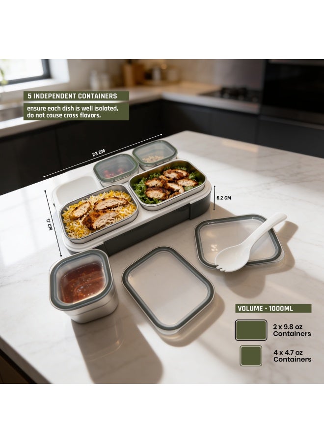 Beram Premium Stainless Steel Insulated Bento Lunch Box for Kids & Adults, 1000ml Leakproof 5-Compartment Divided Lunch Container with Lid, Tableware & Carry Bag, BPA-Free & Dishwasher Safe - (Green) - Image 2
