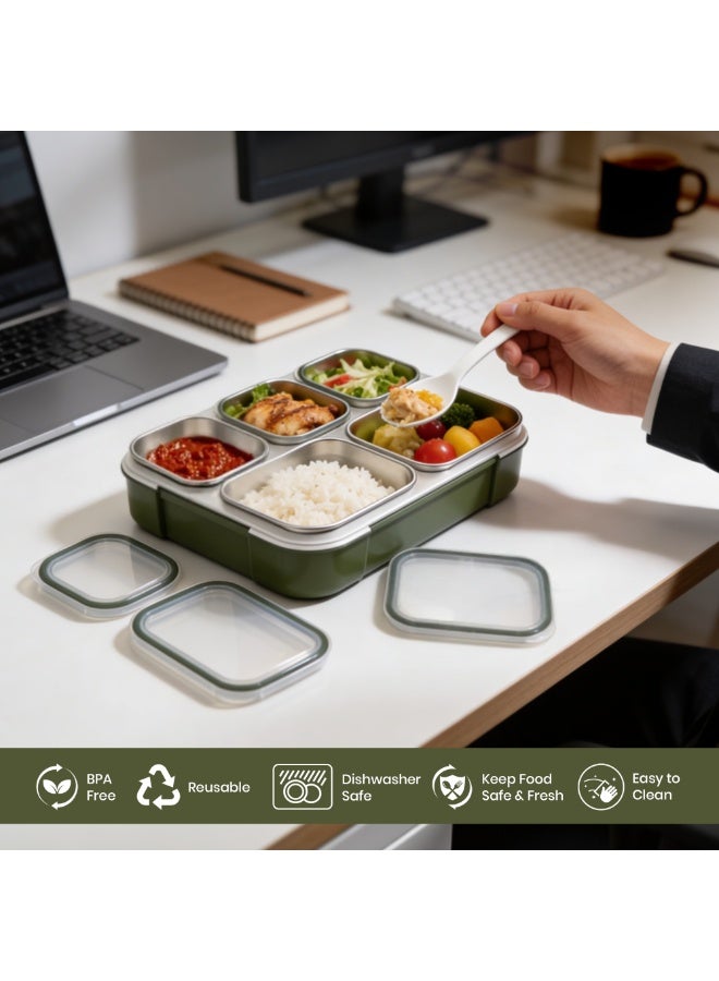 Beram Premium Stainless Steel Insulated Bento Lunch Box for Kids & Adults, 1000ml Leakproof 5-Compartment Divided Lunch Container with Lid, Tableware & Carry Bag, BPA-Free & Dishwasher Safe - (Green) - Image 3