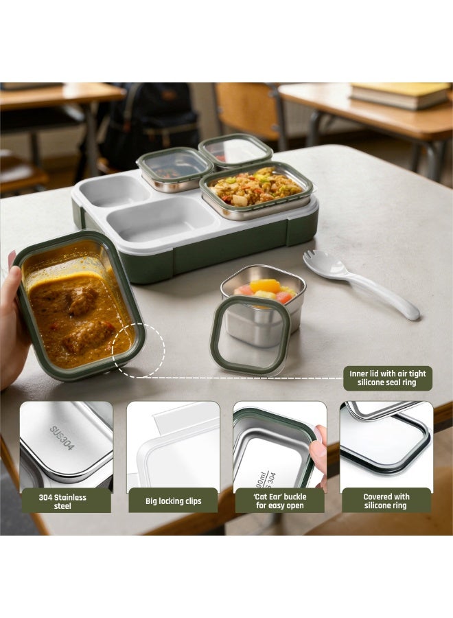 Beram Premium Stainless Steel Insulated Bento Lunch Box for Kids & Adults, 1000ml Leakproof 5-Compartment Divided Lunch Container with Lid, Tableware & Carry Bag, BPA-Free & Dishwasher Safe - (Green) - Image 4