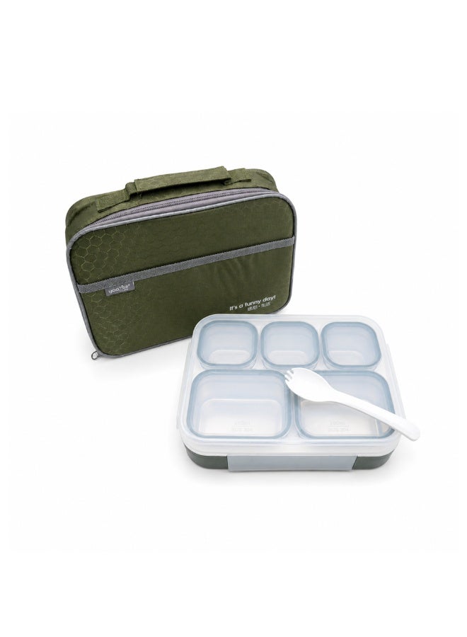 Beram Premium Stainless Steel Insulated Bento Lunch Box for Kids & Adults, 1000ml Leakproof 5-Compartment Divided Lunch Container with Lid, Tableware & Carry Bag, BPA-Free & Dishwasher Safe - (Green) - Image 1