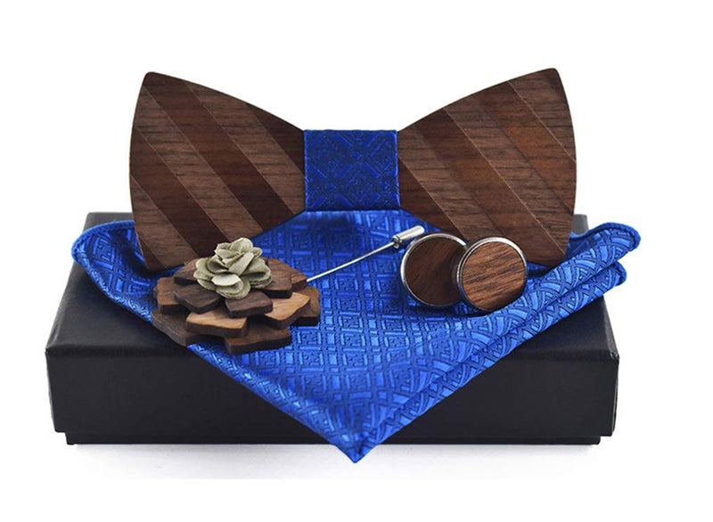 Men Royal Blue Party Banded Pretied Wood Bow Ties Set Elegant Banquet Prom for Grooms Wedding Wooden BowTie Necktie