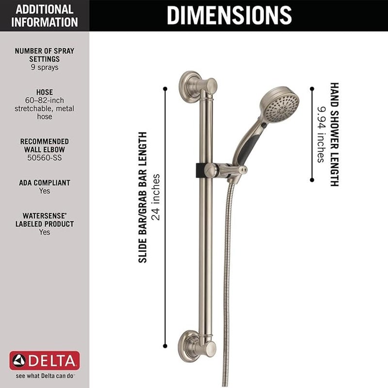 Delta Faucet 9-Spray ADA-Compliant Slide Bar Hand Held Shower with Hose, Stainless 51900-SS - Image 3