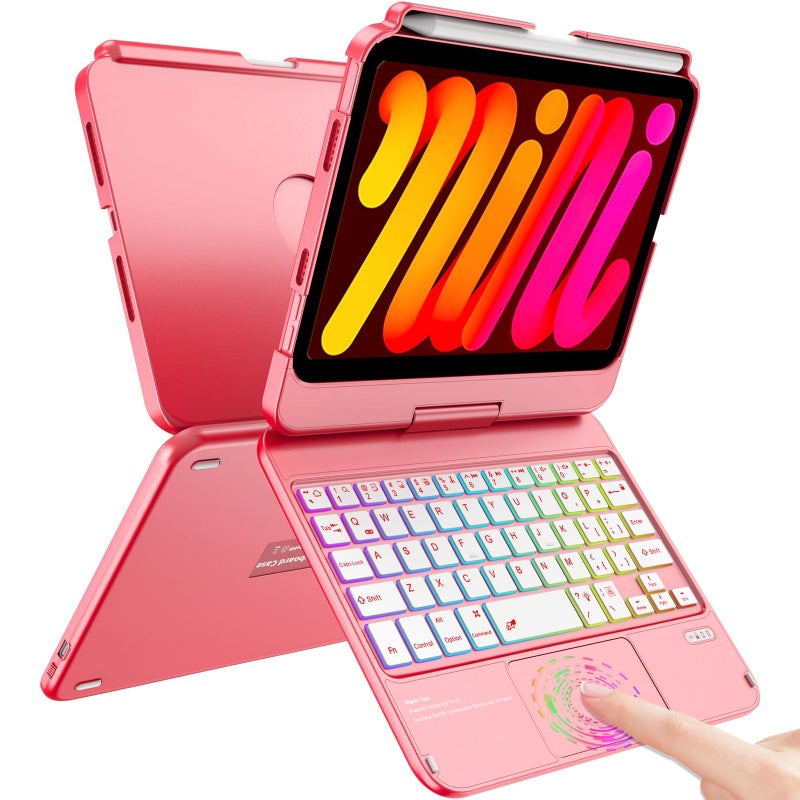 FUWANG حافظة لوحة مفاتيح FUWANG لجهاز iPad mini 7 A17 Pro 2024 iPad mini الجيل السادس 2021 8.3 بوصة لوحة تتبع متعددة اللمس قابلة للدوران 360 مع إضاءة خلفية ملونة 7 ألوان وحامل قلم أحمر - Image 2